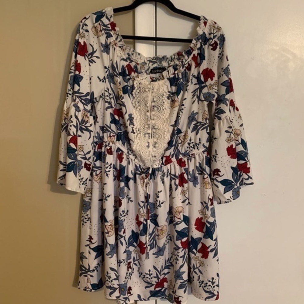 boohoo Floral Bardot Lace Insert Midi Dress Size 12 Women